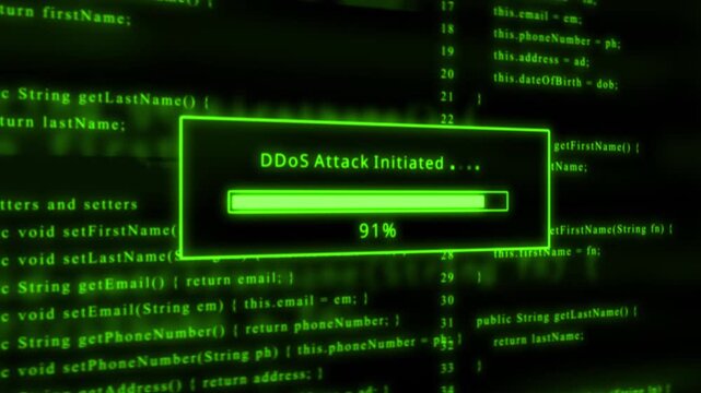 Green glowing computer code with a loading bar indicating D Do S attack initiated programming hacking