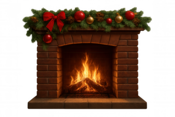 Fireplace with burning logs, decorated with christmas garland, red bow and festive ornaments on transparent background