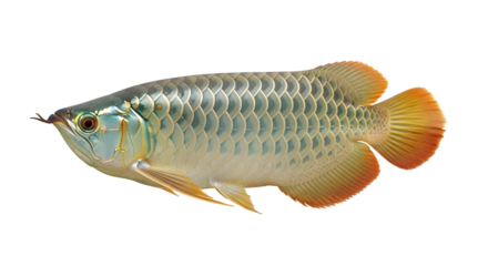 A detailed side view of a silver arowana fish with orange fins on a black background in studio lighting