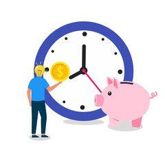 time and money concept. A person with a light bulb head holding a coin, standing in front of a big clock and a piggy bank.