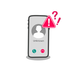 smartphone receiving an unknown call with warning symbols. Concept of spam call, scam alert, fraud, suspicious number, and unwanted communication.