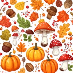 Autumnal pattern with leaves, mushrooms, and pumpkins