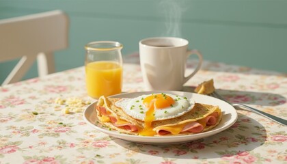 Delicious breakfast scene featuring a crepe with ham, cheese, and a runny egg, served with coffee and orange juice surrounded by floral decor
