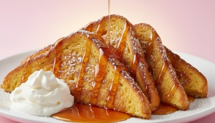 Delicious French Toast Stacks with Maple Syrup Drizzling Over, Topped with Whipped Cream on a Plate Against a Soft Pink Background