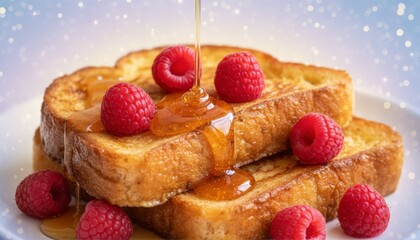 Delicious golden brown French toast topped with fresh raspberries and dripping honey, perfect for a vibrant breakfast or brunch setting with a festive background