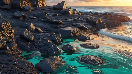Rocky coastline with turquoise water at sunset