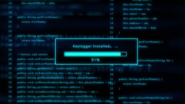 Cyan Neon Keylogger Installed Progress Bar Overlaying Scrolling Code computer programming
