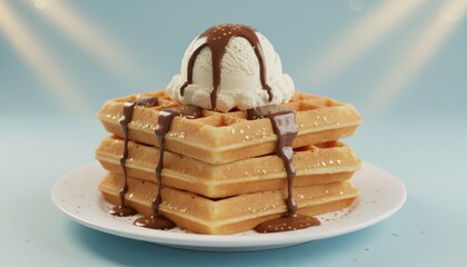 Delicious stacked waffles topped with vanilla ice cream and drizzled with chocolate sauce on a light blue background
