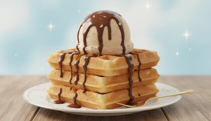 Delicious stack of golden waffles topped with creamy vanilla ice cream and rich chocolate sauce drizzled over, set against a dreamy blue sky backdrop.