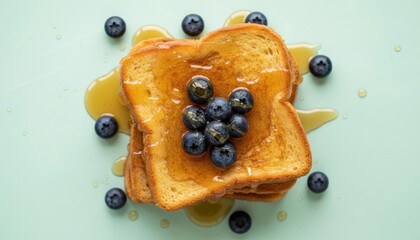 Delicious golden toast topped with fresh blueberries and drizzled with honey on a mint green background, perfect for breakfast or dessert recipes