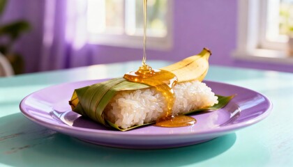 Delicious sticky rice with banana topped with honey drizzle on a purple plate with sunlight highlighting the texture, perfect for food photography and culinary inspiration.