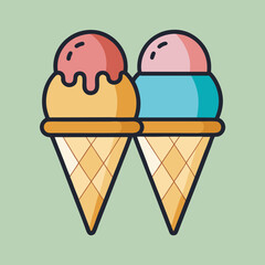 Two delicious ice cream cones with colorful scoops on a light green background