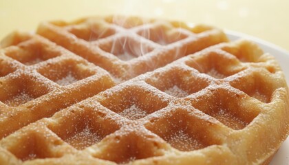 Freshly Cooked Waffle with Steam Rising, Topped with Powdered Sugar on a White Plate, Captured in Soft Focus and Warm Lighting