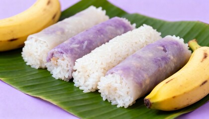 Colorful Rice Rolls with Purple Yam and Bananas on a Green Leaf Background, Traditional Asian Dessert for Culinary Enthusiasts