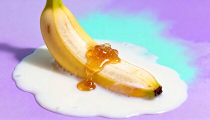 Bright Yellow Banana with Dripping Honey and Creamy Milk on Colorful Background for Vibrant Food Photography and Creative Culinary Illustrations