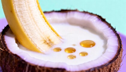 Fresh Banana Slices with Creamy Yogurt and Honey Droplets in a Coconut Shell on a Vibrant Background