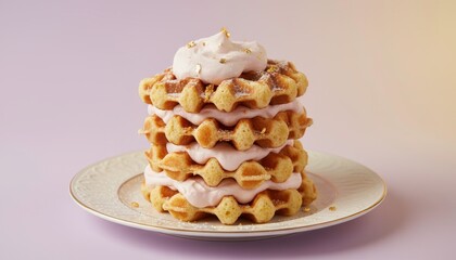 Stacked Golden Waffles with Cream Topping and Edible Gold Decoration on Elegant Plate Against Soft Pink Background