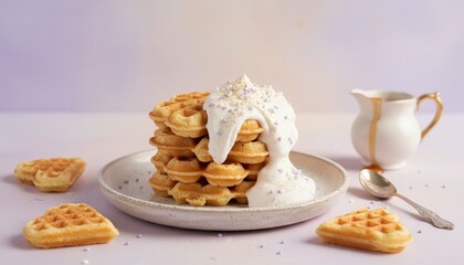 Stack of Delicious Golden Waffles Topped with Creamy Whipped Topping and Colorful Sprinkles on a Simple Plate Against a Soft Background
