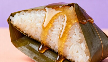 Delicious Sticky Rice Wrapped in Banana Leaf with Sweet Sauce Dripping and a Colorful Background for Culinary and Asian Cuisine Concepts