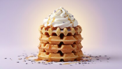 Tower of Delicious Waffles with Whipped Cream and Lavender Garnish, Perfect for Breakfast or Dessert, Styled for Food Photography