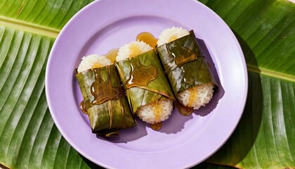 Traditional Rice Dish Wrapped in Banana Leaves with Sweet Sauce Served on a Purple Plate Surrounded by Large Green Leaf Background