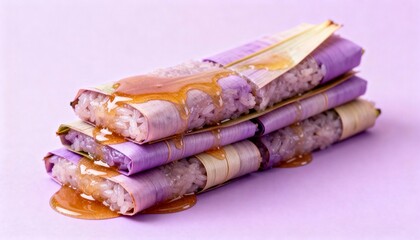 Delicate purple rice rolls drizzled with syrup on a soft pastel background, showcasing a fusion of texture and color in food photography