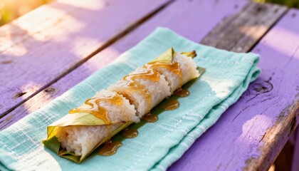 Delicious sticky rice dessert wrapped in banana leaves drizzled with golden syrup on a pastel tablecloth in a serene outdoor setting