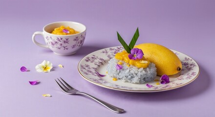 Delicious Thai Mango Sticky Rice Dessert with Fresh Mango, Coconut Cream, and Edible Flowers on a Plate with Lavender Background