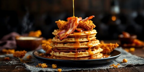 Delicious stack of fluffy pancakes topped with crispy bacon, fried chicken, and drizzled with golden syrup on a rustic wooden table