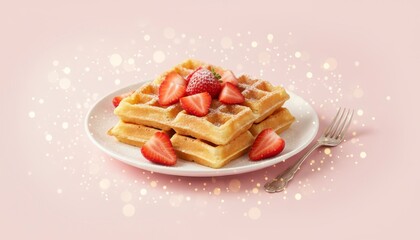 Delicious golden waffles topped with fresh strawberries and powdered sugar, served on a plate against a soft, dreamy pink background with sparkling effects.