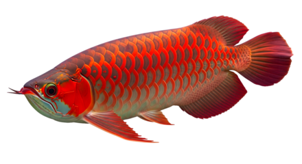 A vibrant red arowana fish swimming in a dark background showcasing its detailed scales and fins
