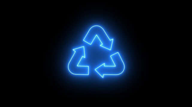 Recycle symbol glowing neon blue light, eco friendly recycle logo animation, sustainability sign for environment video background