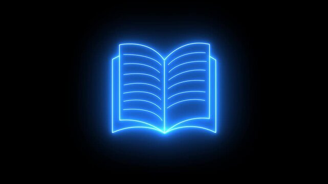 Open book neon glowing blue animation, education knowledge symbol, study reading icon video for learning background