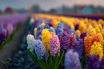 Obraz premium Spring landscape in Egmond aan zee, province of North Holland, selective focus on flowers. Flower fields with colorful hyacinths in the Netherlands. Tourist attractions in the countryside in Holland.