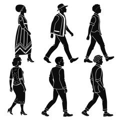 Silhouettes of Six People in Diverse Traditional and Modern Clothing