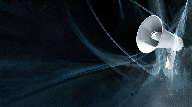 A white megaphone emitting light trails against a dark, abstract background with flowing blue energy waves.
