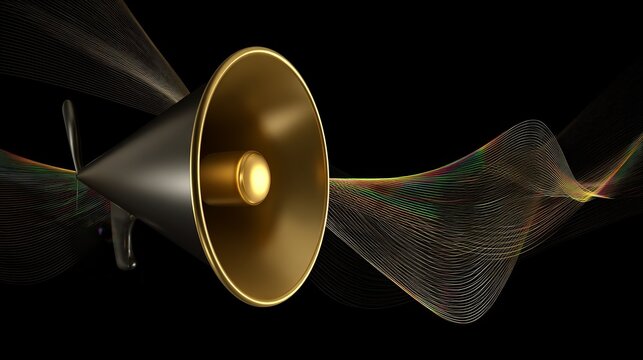 Golden speaker cone emitting colorful sound waves against a dark background