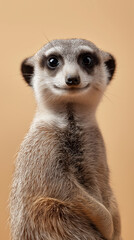 Fototapeta premium Portrait of a curious meerkat standing upright on beige background. 