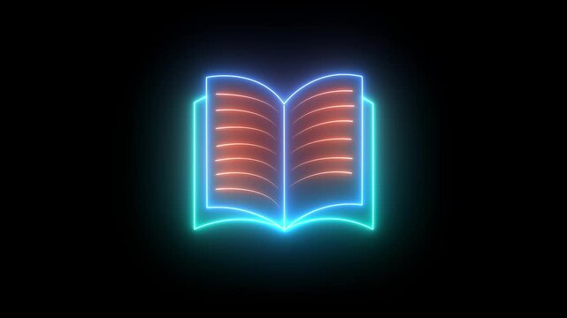 Open book neon glowing animation, study reading education symbol, learning video background for knowledge design