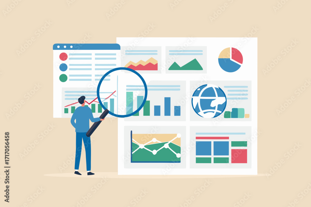 Poster person analyzing financial data charts and graphs with a magnifying glass on a digital dashboard
