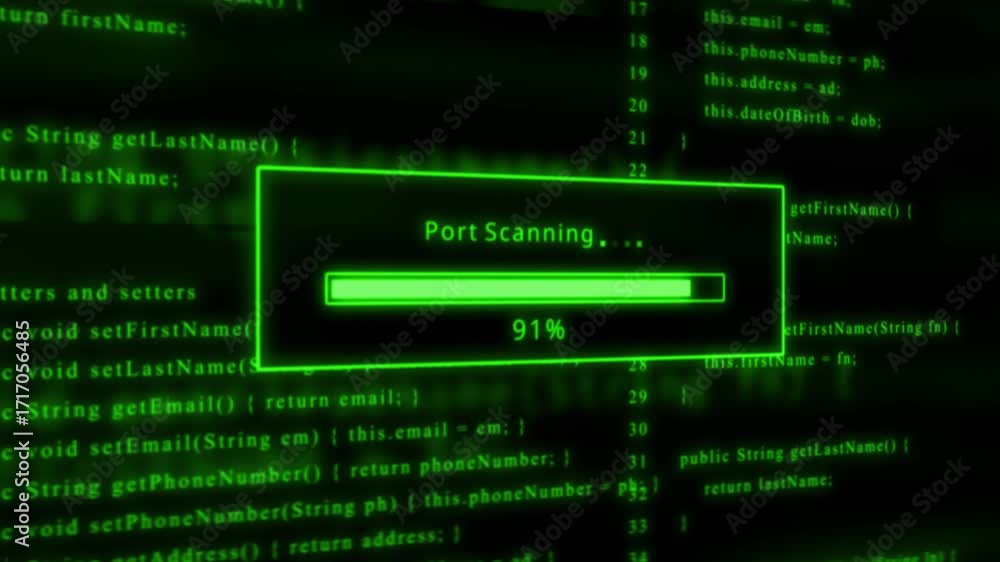 Poster green glowing progress bar showing 100 percent port scanning on a dark background with code computer