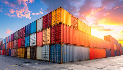 Stacked shipping containers at sunset in logistics yard