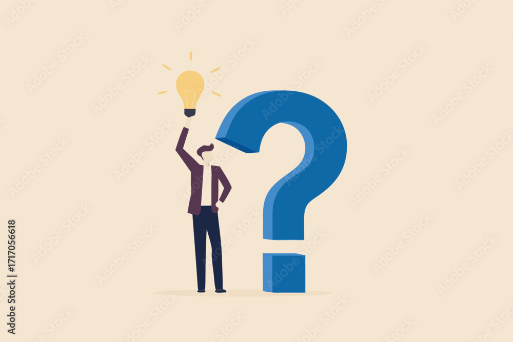 Poster man holding light bulb near giant question mark symbol representing idea generation and problem solv