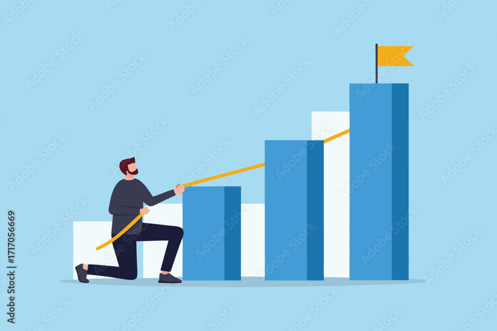 Poster man climbing up a bar graph towards a flag representing success and goal achievement