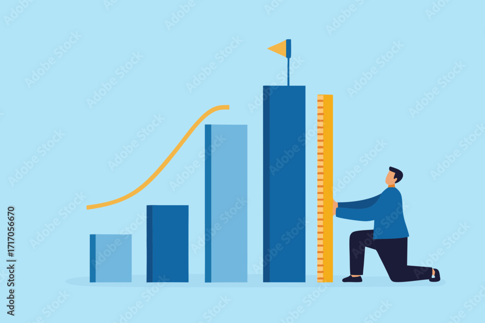 Aufkleber man measuring a growing bar chart with a ruler towards a goal flag symbolizing success and progress