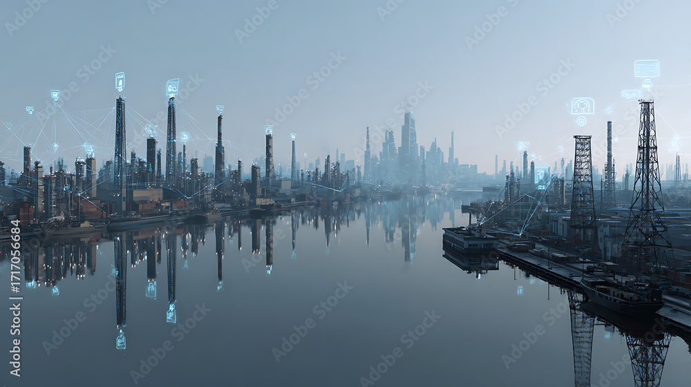 Poster explore a skyline dotted with floating ai indicators tracking activity across factories