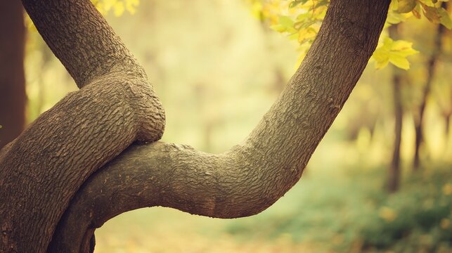 Twisted tree branches in a forest with soft lighting and autumn foliage
