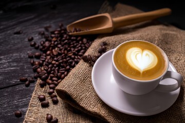 Cappuccino cup with latte art heart shape decorating the surface placed on a jute cloth with roasted coffee beans and wooden scoop on dark wooden table