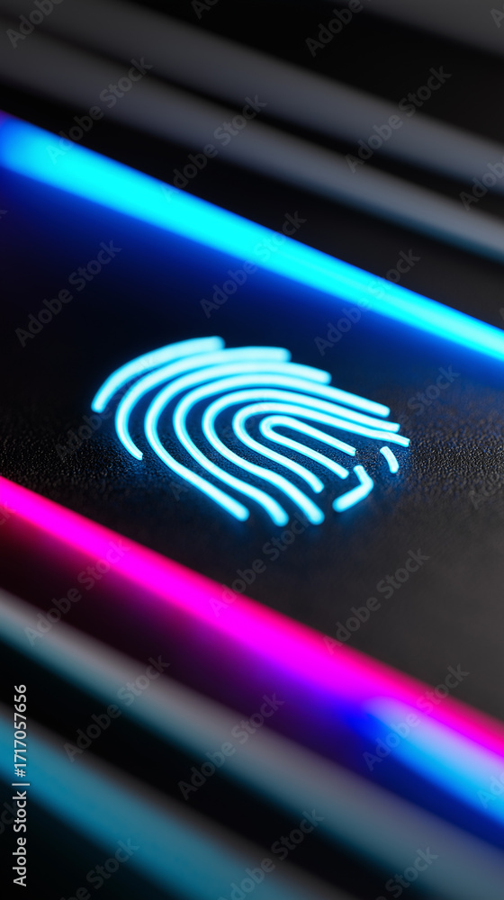 Poster close-up of a glowing digital fingerprint scanner symbolizing cybersecurity and biometric authentica
