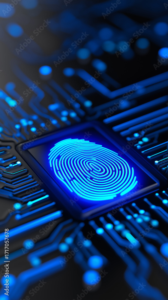Poster close-up of a glowing digital fingerprint scanner symbolizing cybersecurity and biometric authentica
